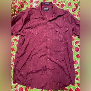 Vintage Mens 16 1/2Panhandle Slim Western Snap Shirt Maroon Metallic Gold Stripe